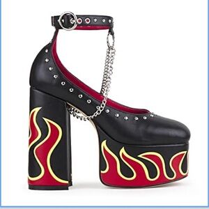 Luxury Brand Lamoda Black and Red Platform Heels with Flame Design